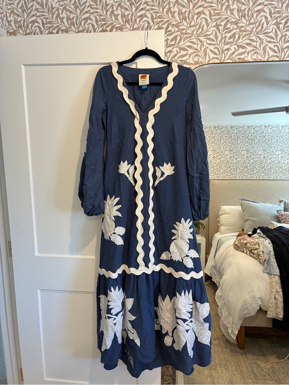 Anthropologie Navy Maxi Dress with White Floral Embroidery